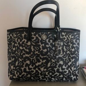 Tory Burch Black Lace Print Tote